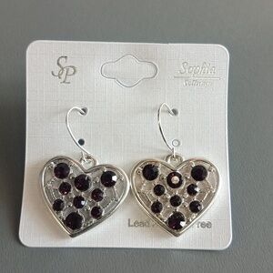 2/$15 + $4.99 Shipping | Silver Toned Heart Pierced Earrings w/Black Rhinestones